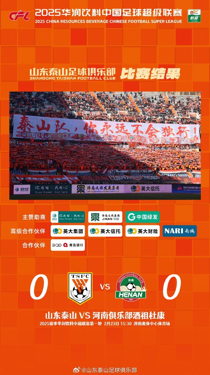中超首戰(zhàn)，泰山隊(duì)雖未取勝，但全隊(duì)展現(xiàn)出了頑強(qiáng)的拼搏精神