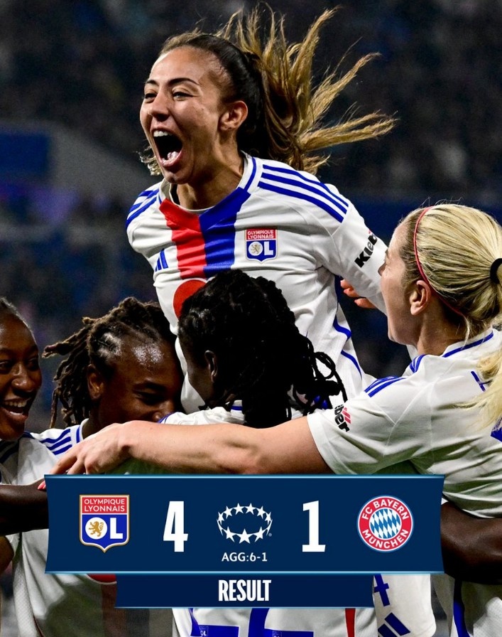里昂女足4-1大勝拜仁女足，總比分6-1晉級女足歐冠半決賽