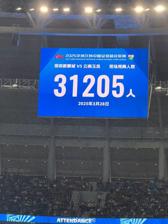 新鵬城新賽季首個主場現(xiàn)場觀眾31205人，為隊(duì)史最高上座人數(shù)